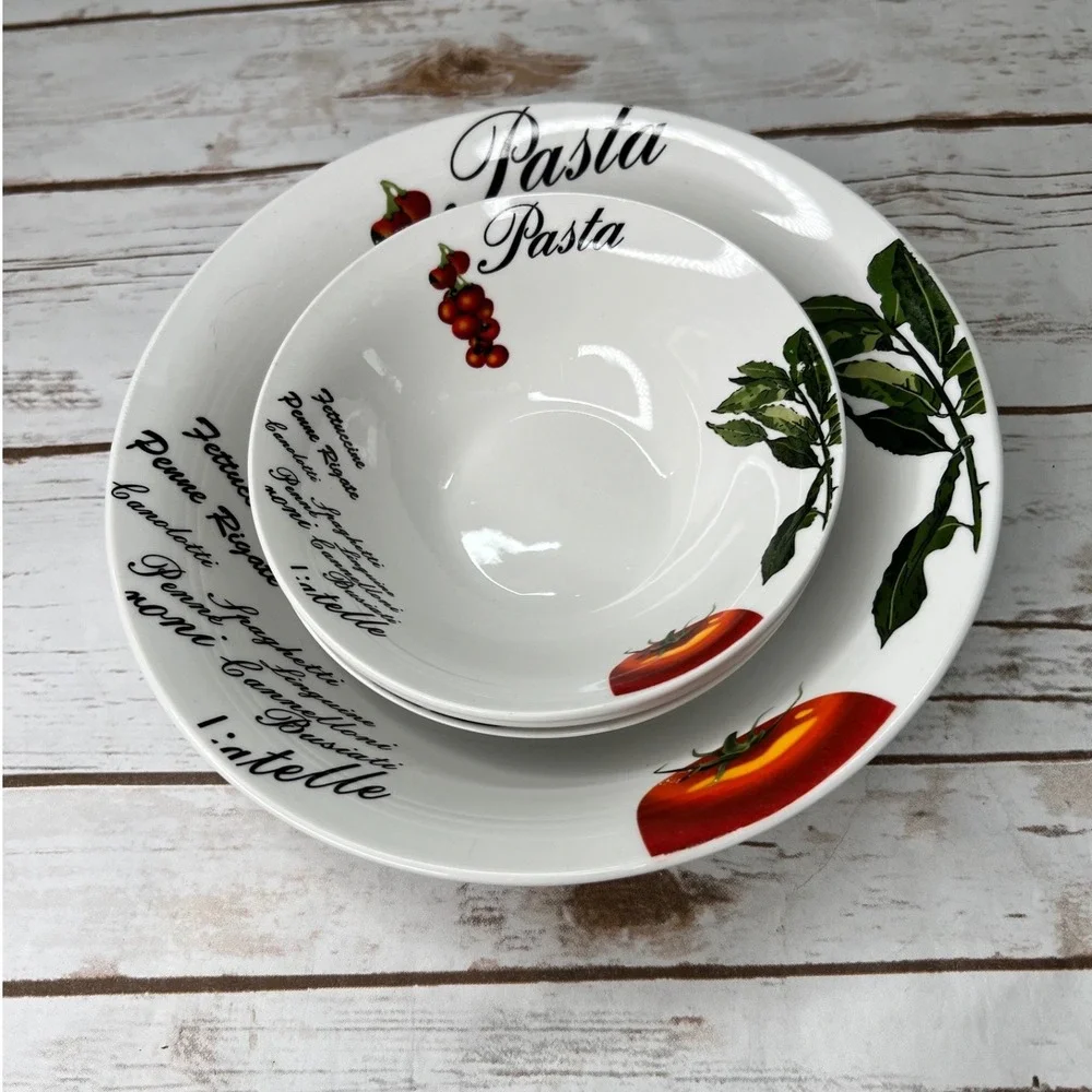 Hampton Pasta Bowl Set White Red Tomato Vine Script 4 Piece Set